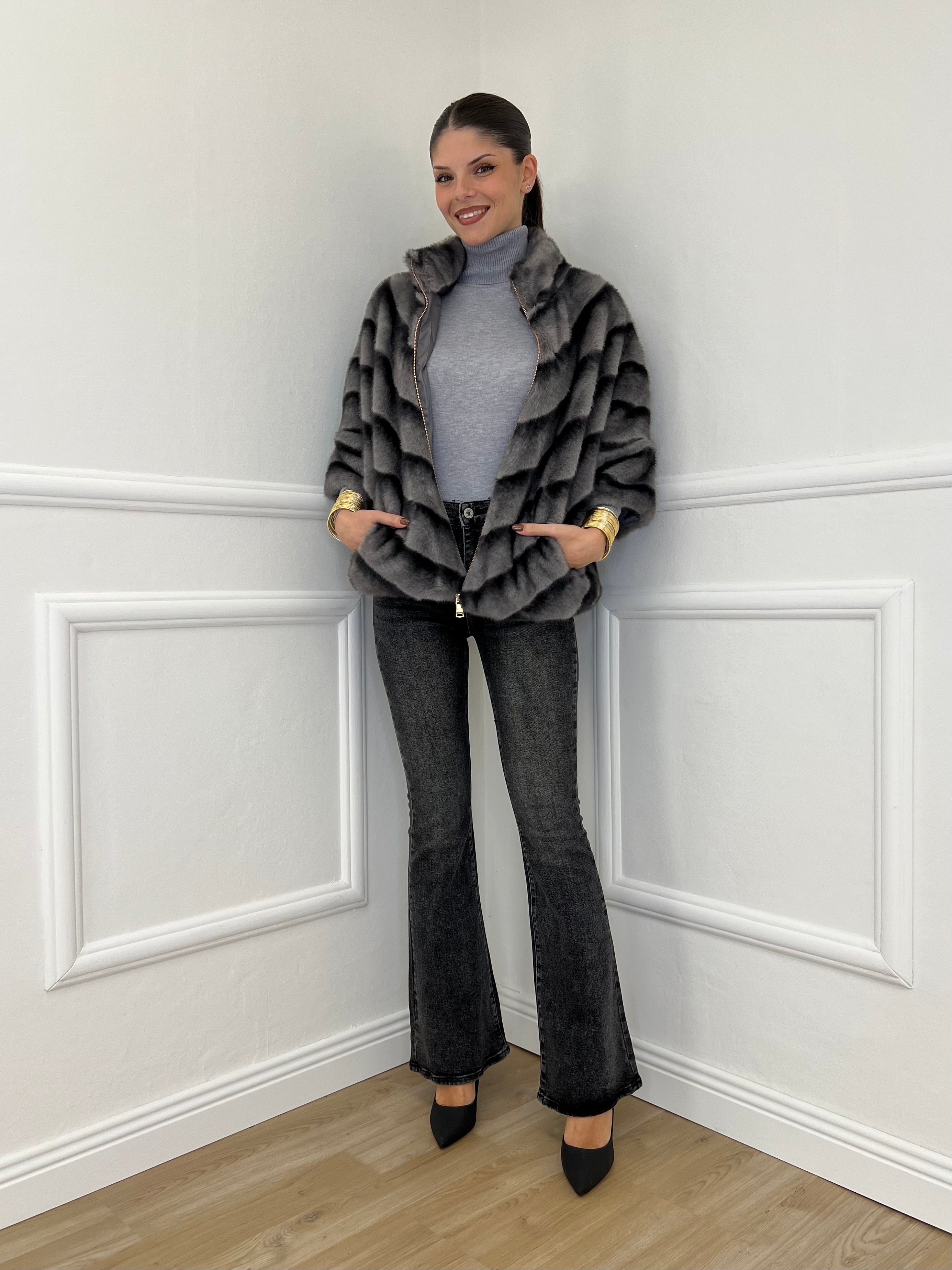 Chevron Fur Coat C037 Grey