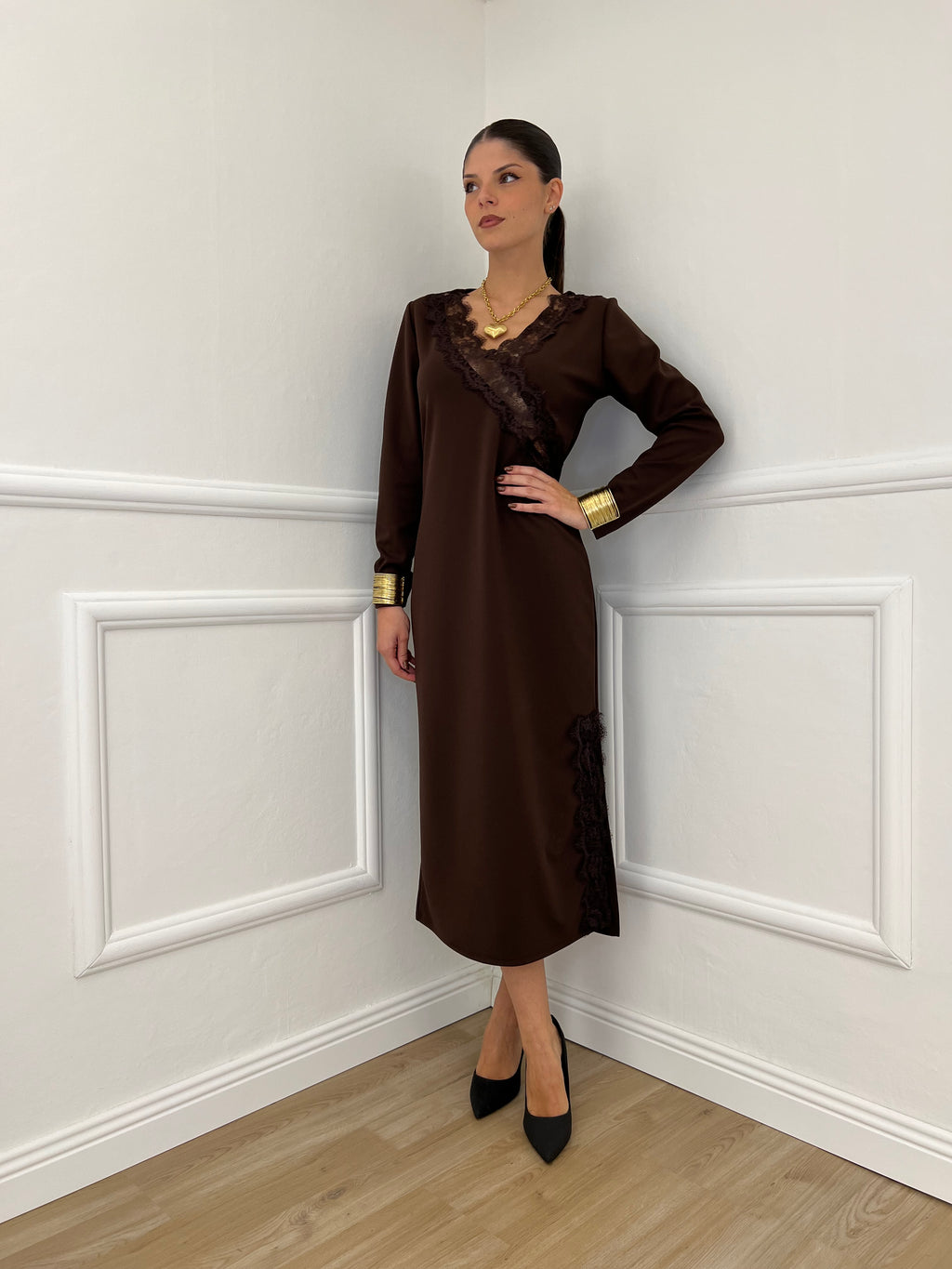 Abito Crepe Pizzo 55743 Marrone