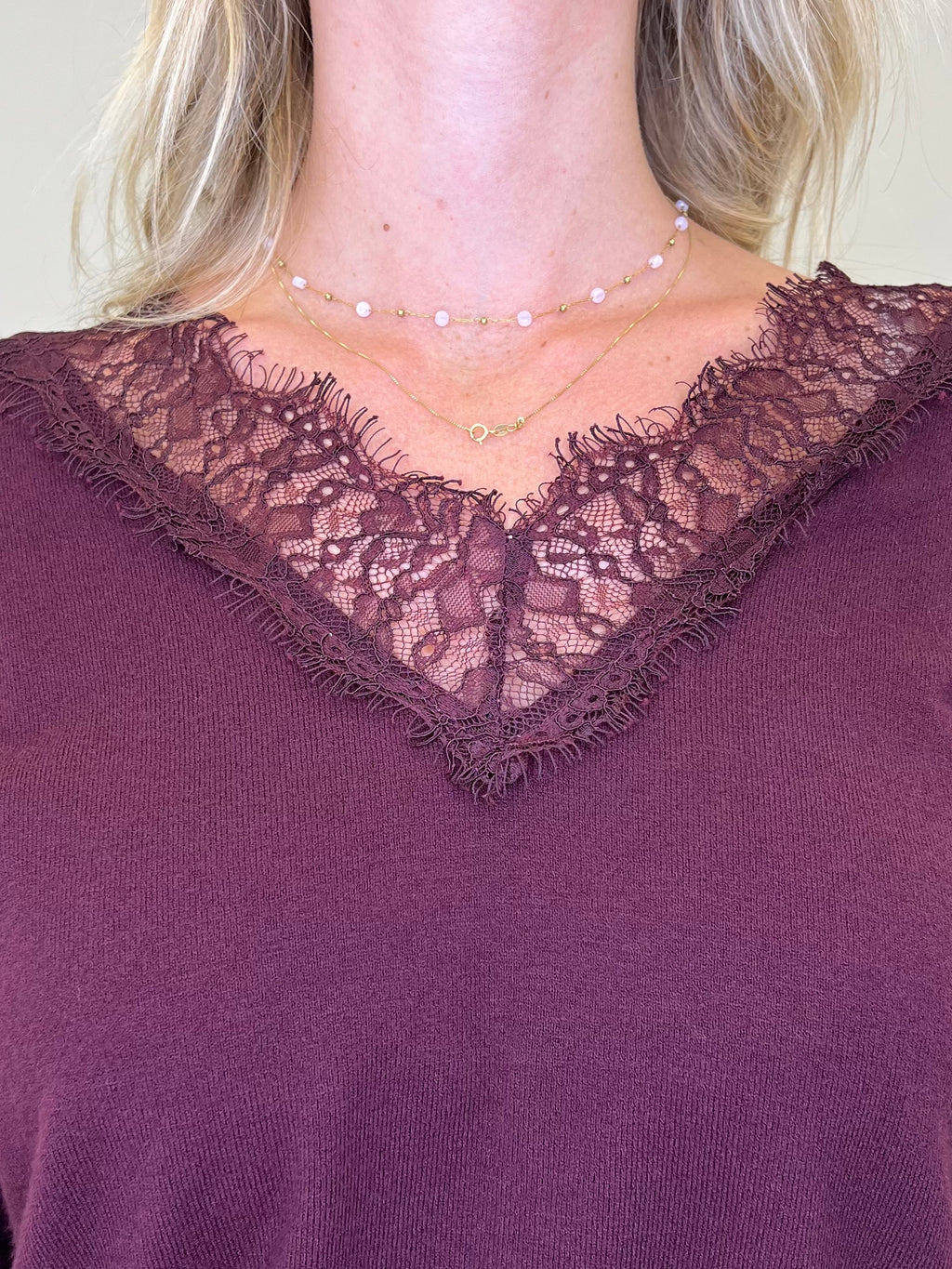 Maglia Scollo a V Over Con Pizzo 5588 Burgundy