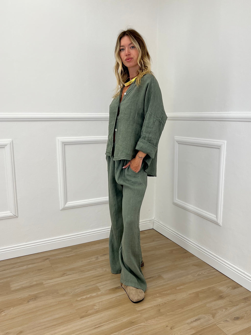 Camicia Scatoletta Lino 89303 Verde