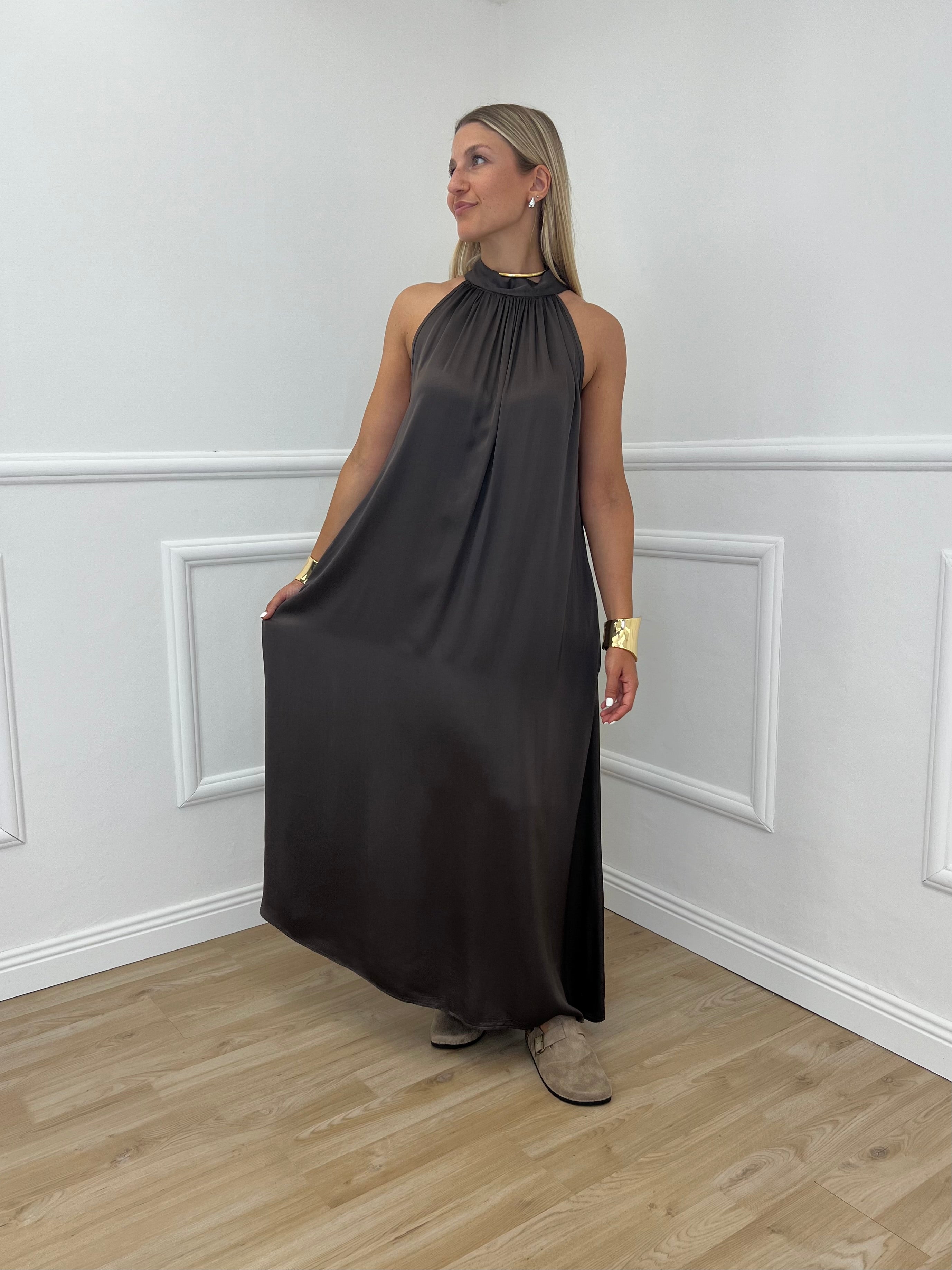Abito Halter In Raso 9382 Marrone