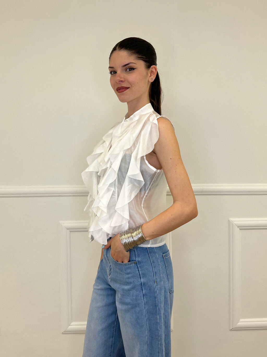 Camicia Smanicata Con Rouches 220-672 Bianco