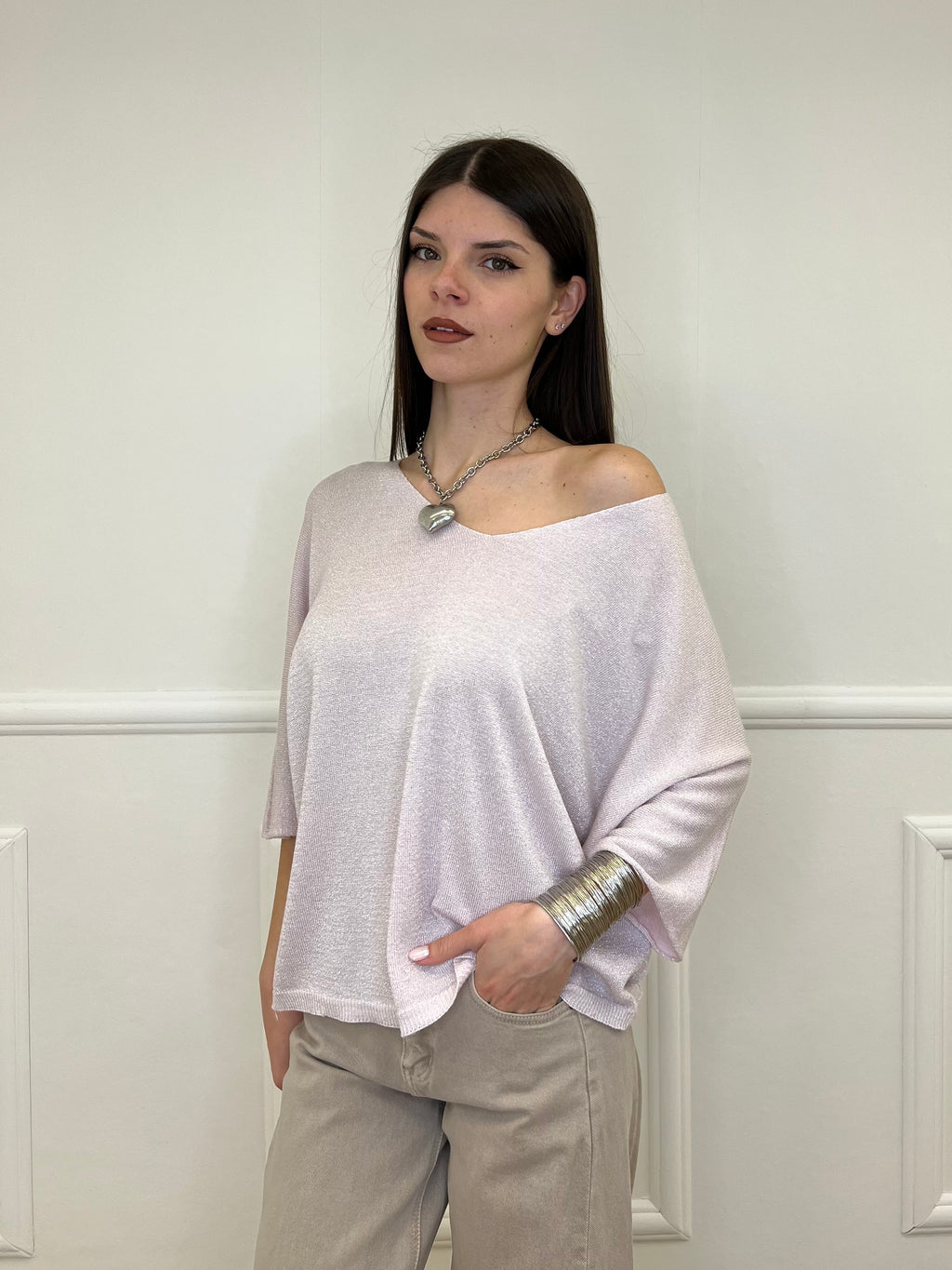 Maglia Lurex Scollo V 9081 Rosa