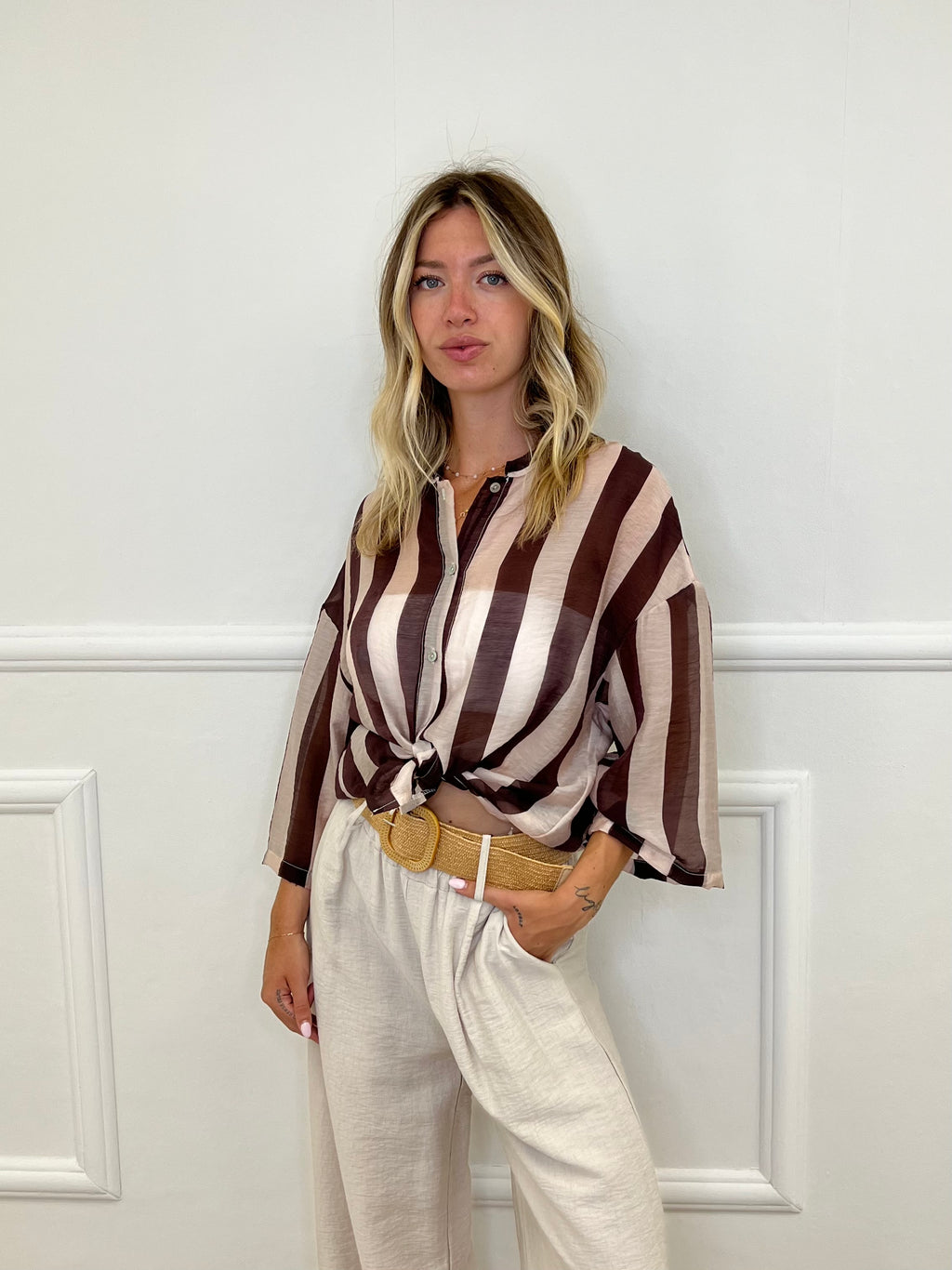 Camicia Over a Righe 2907 Marrone