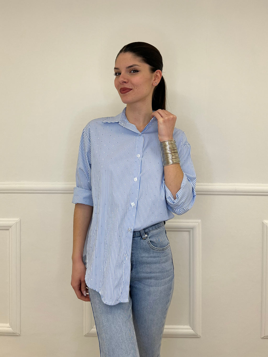 Camicia a Righe Micro Strass 82046 Azzurro