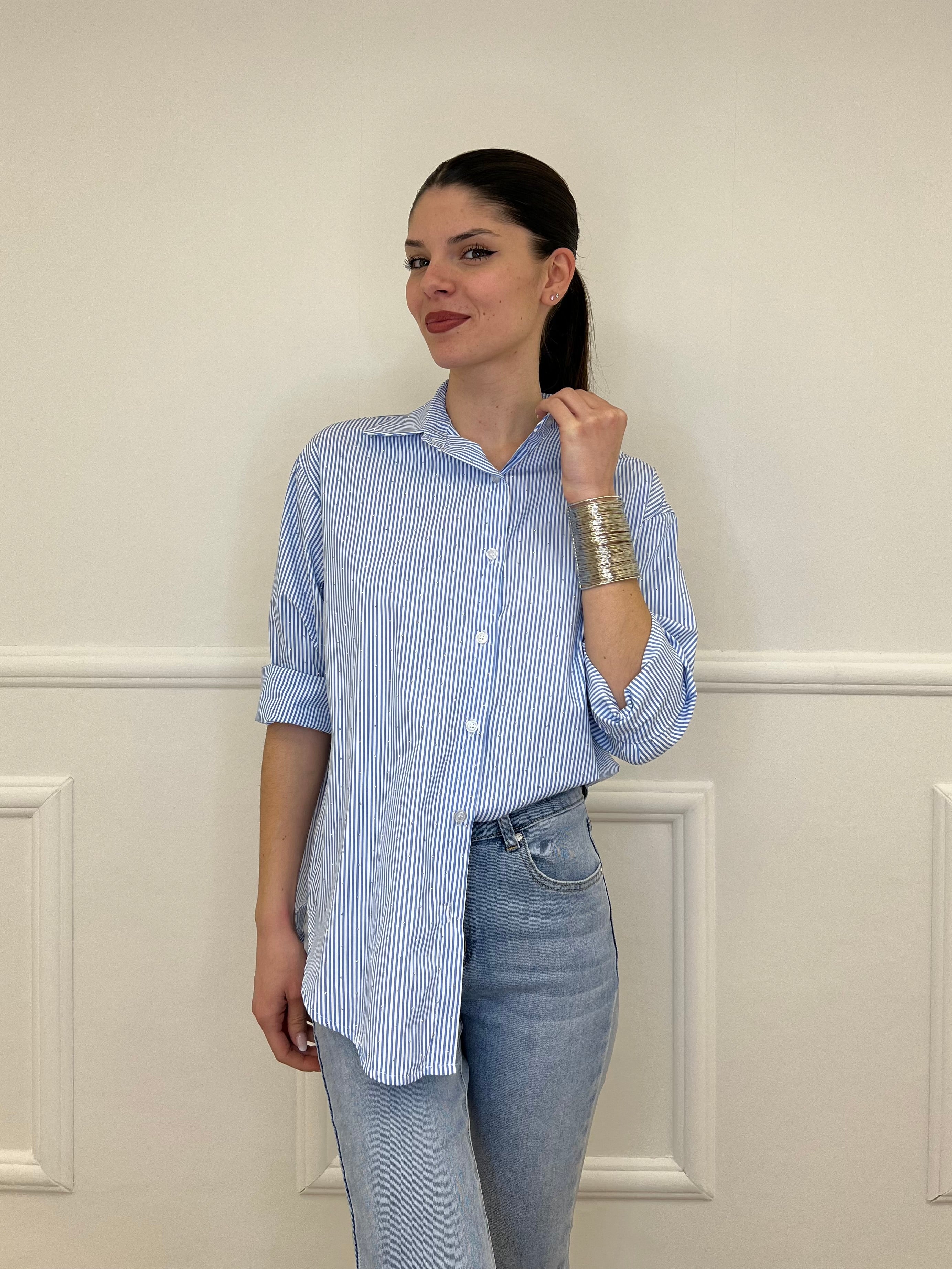 Camicia a Righe Micro Strass 82046 Azzurro