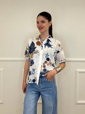 Camicia Fiori Inserti Sangallo 2340 Blu