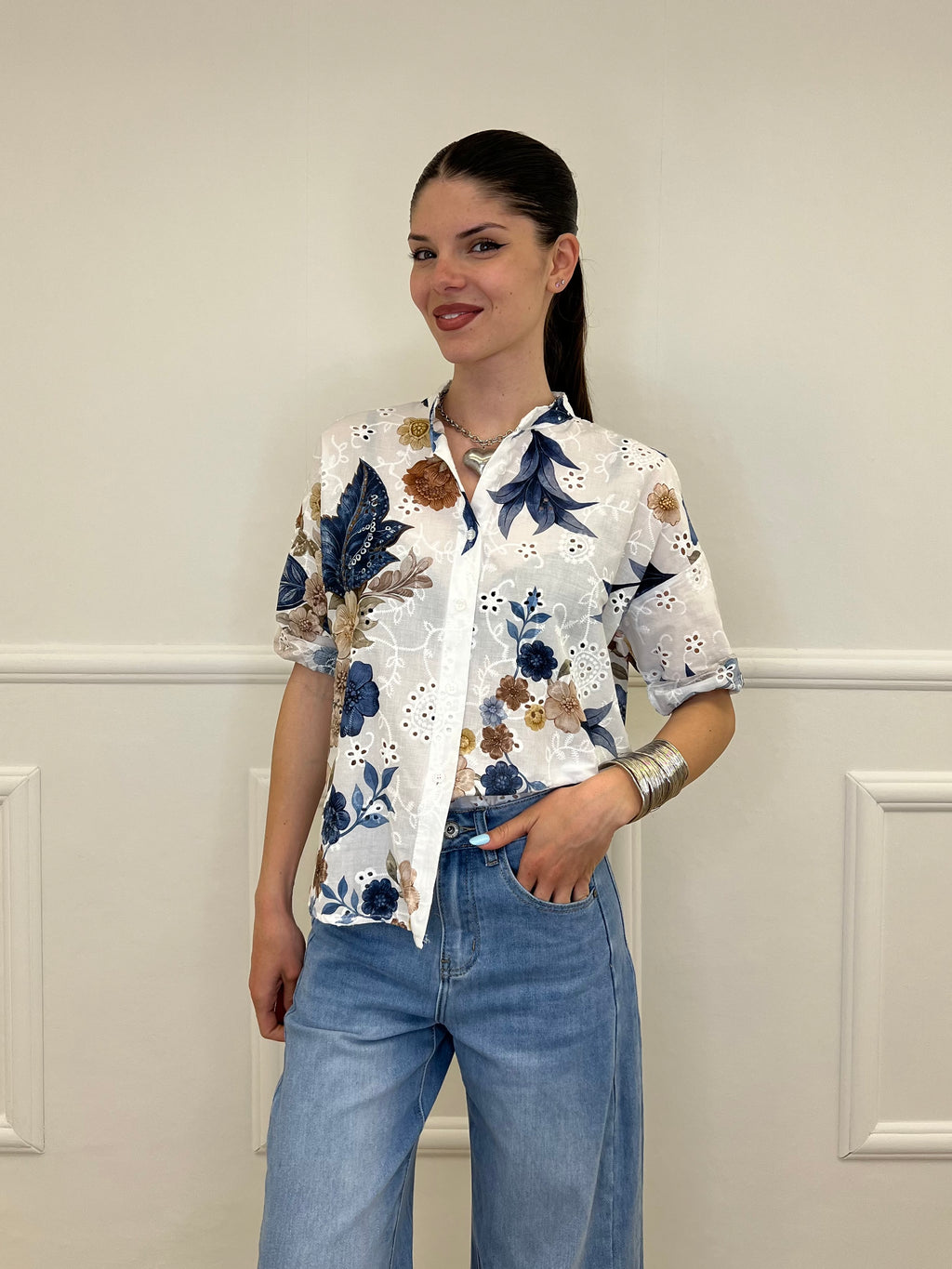 Camicia Fiori Inserti Sangallo 2340 Blu