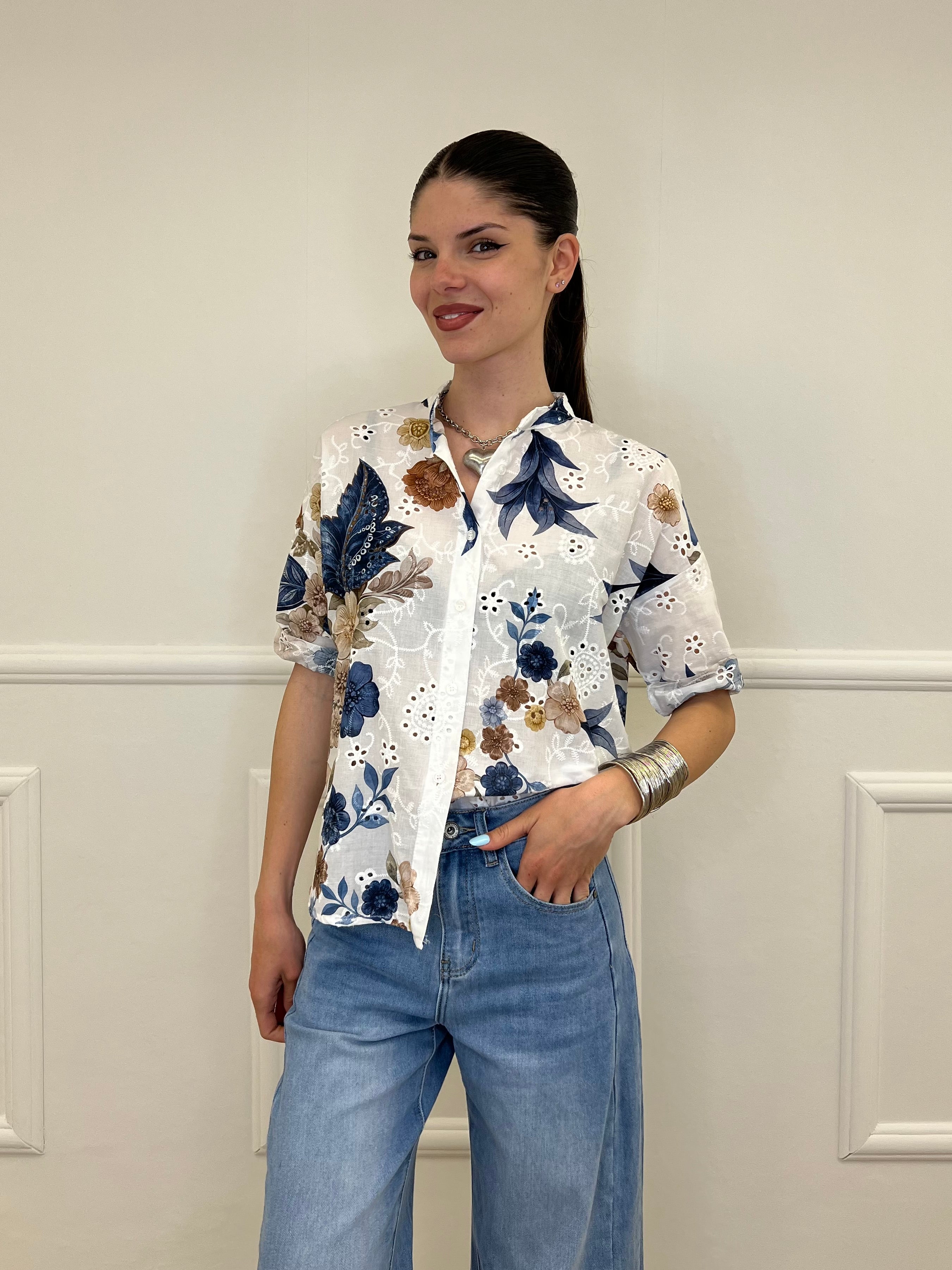 Camicia Fiori Inserti Sangallo 2340 Blu
