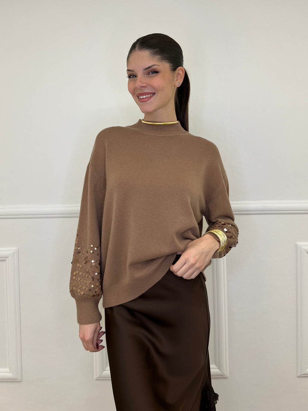 Maglia Manica Paillettes DL7357 Camel