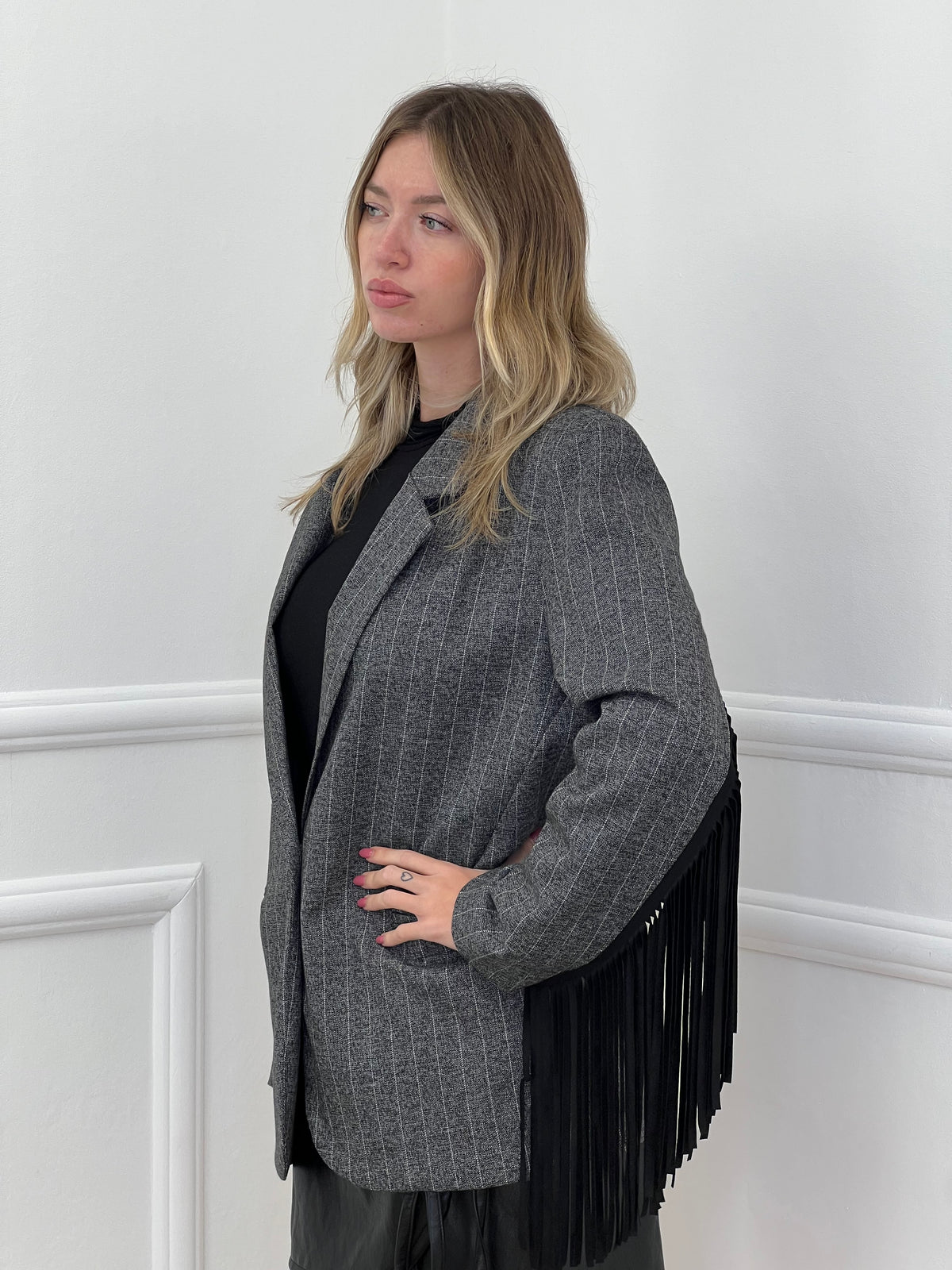 Blazer a Righe con Frange 4705 Grigio