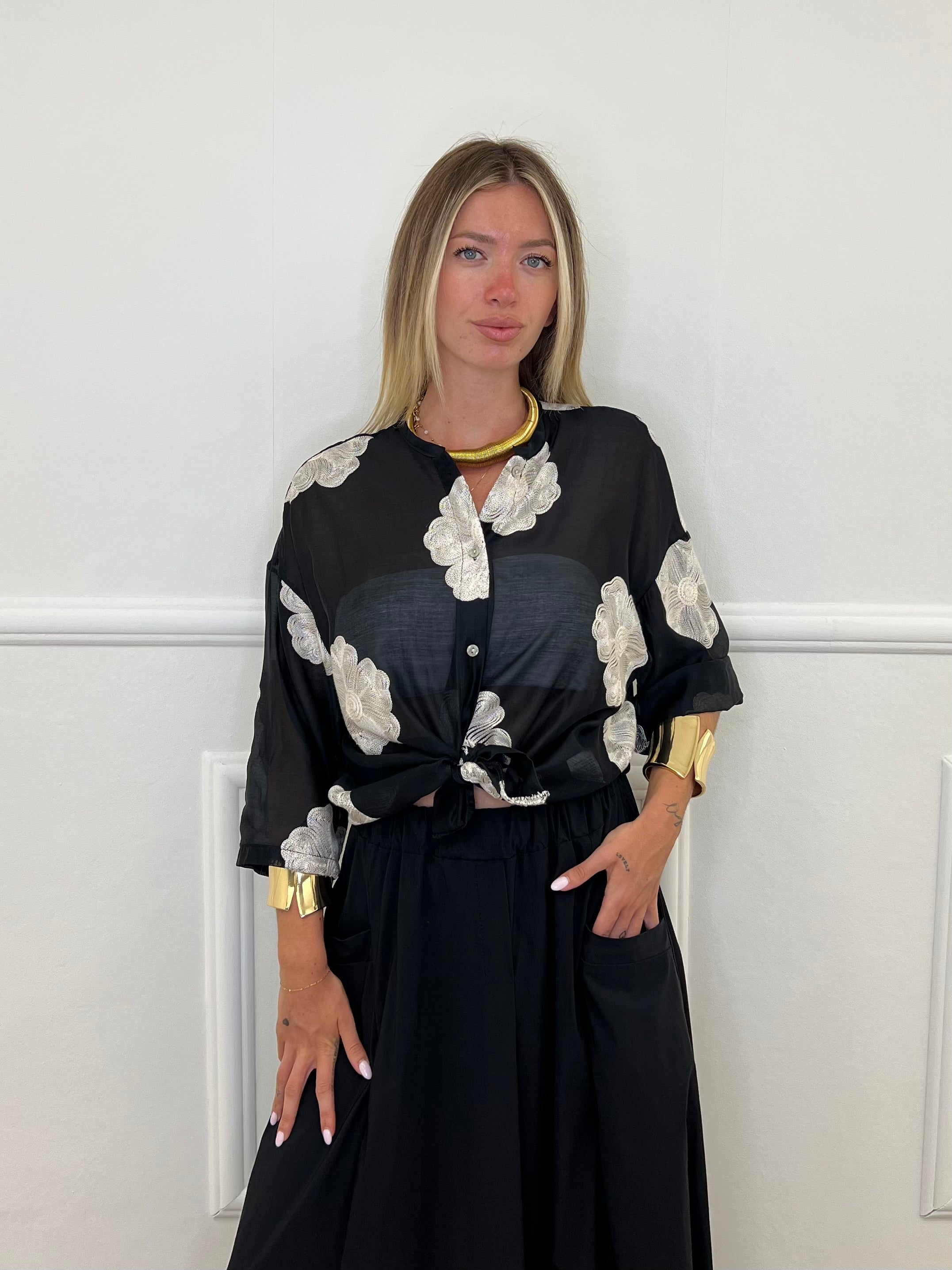 Camicia In Tencel Con Ricami 93-767 Nero