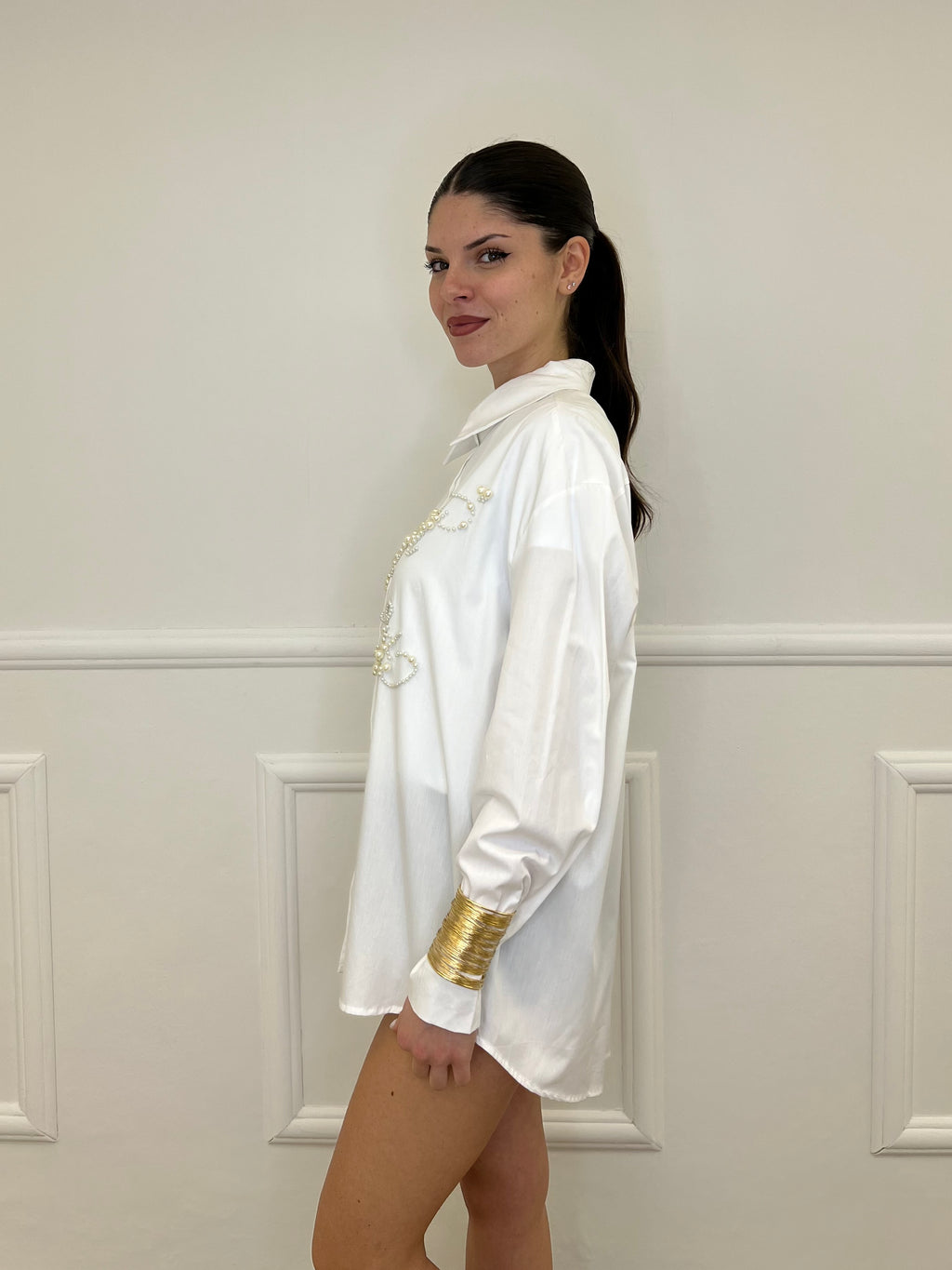 Maxi Camicia con Perle K880 Bianco