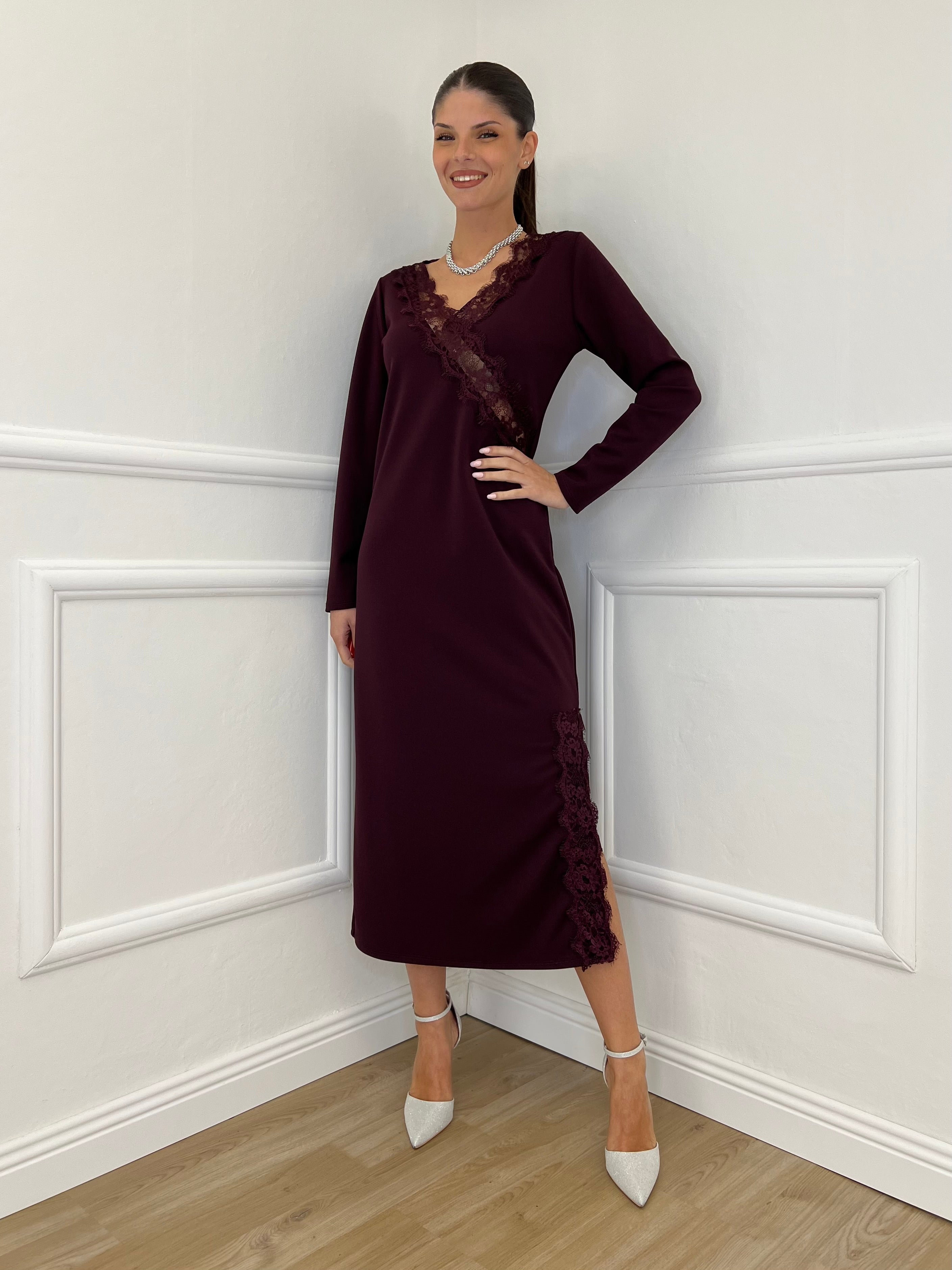 Abito Crepe Pizzo 55743 Burgundy