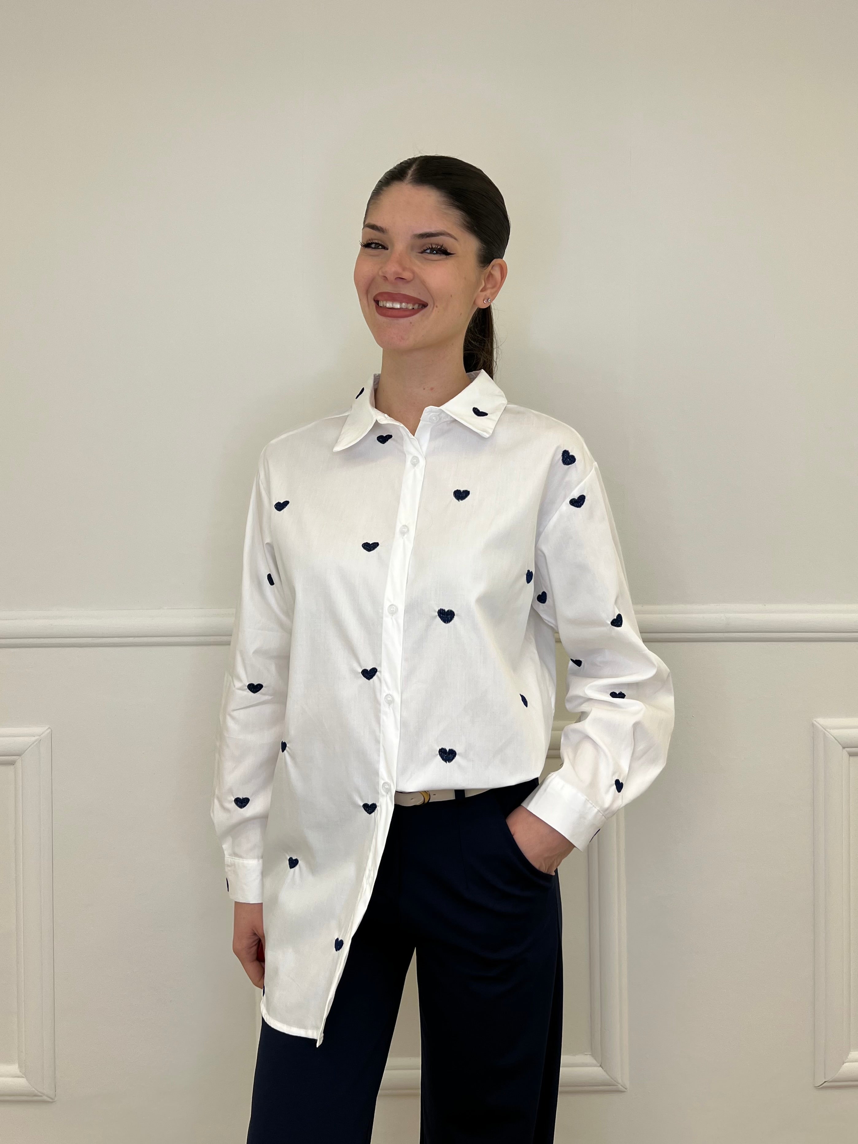 Camicia Cuori Tinta Unita HQ045 Bianco e Blu