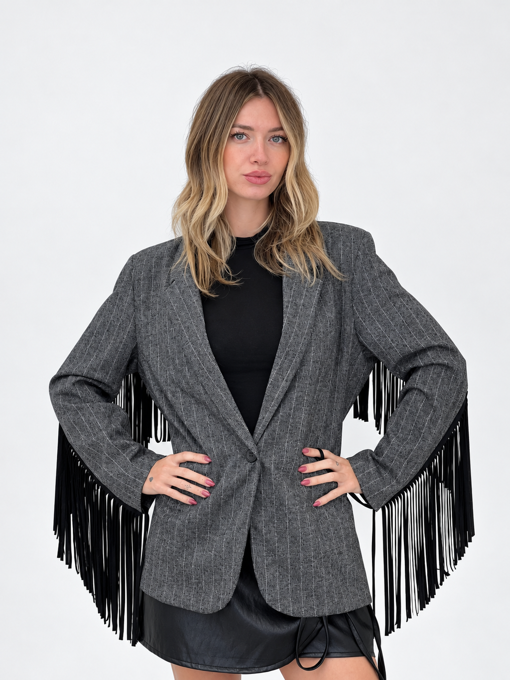 Blazer a Righe con Frange 4705 Grigio