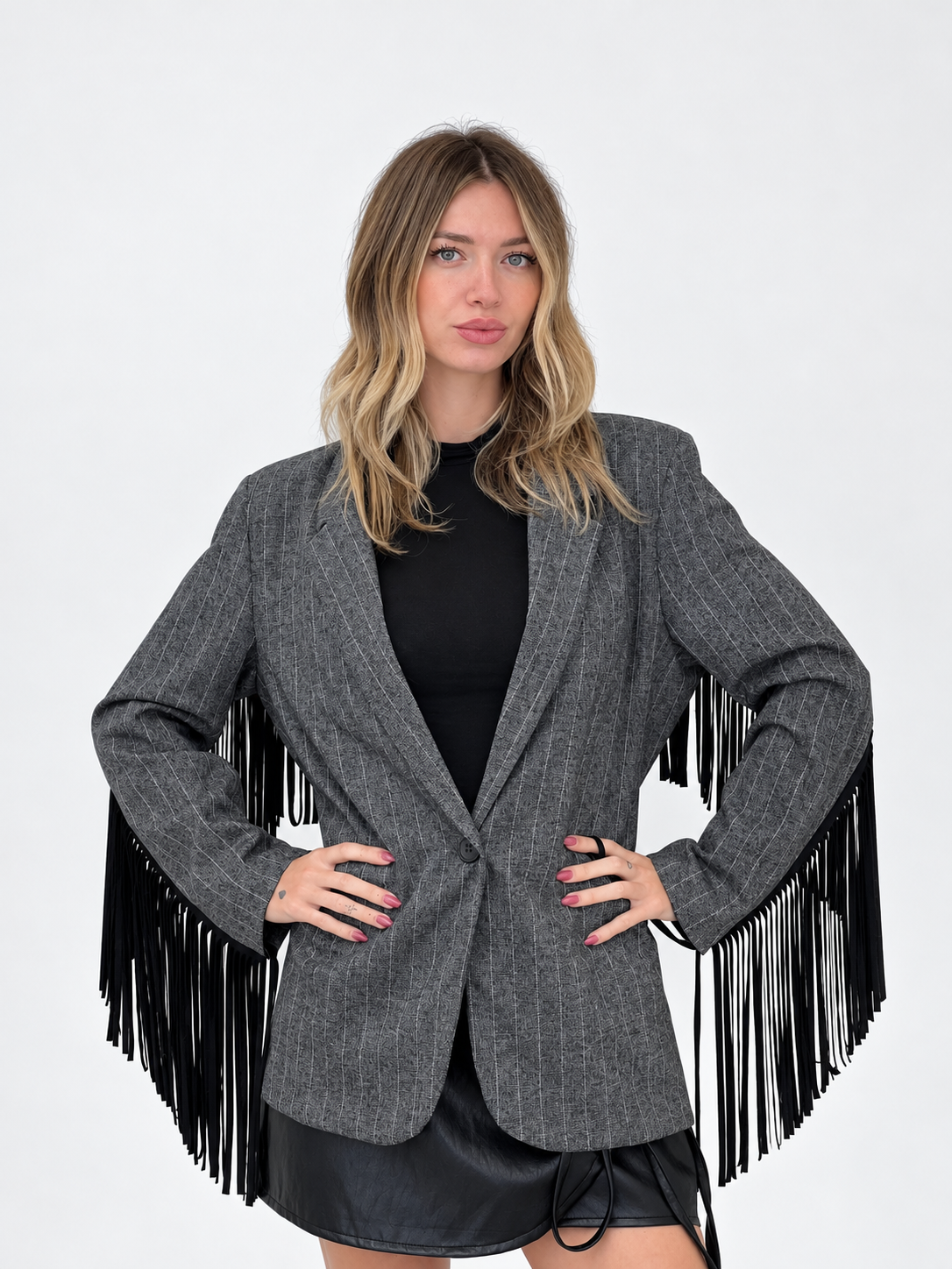 Blazer a Righe con Frange 4705 Grigio